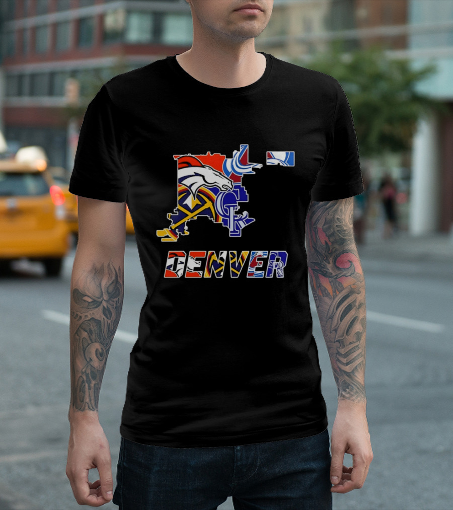 Denver Broncos Nuggets Avalanche Rockies Map Sports Team Logos T-Shirt