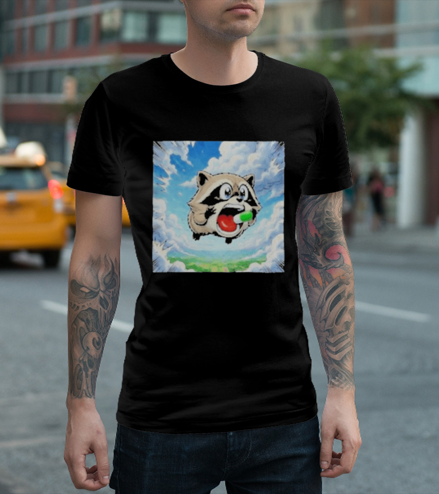 Jimothy Raccoon Cartoon Sky Dive With Colorful Capsule T-Shirt