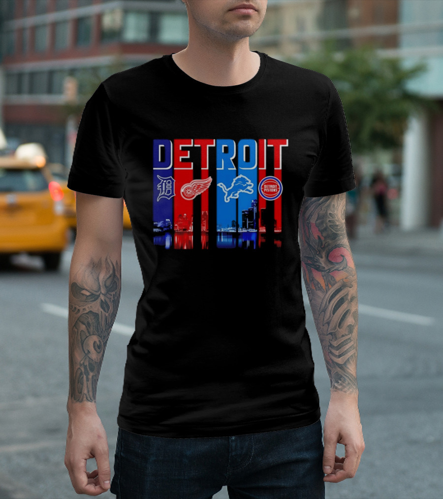 Detroit Tigers Red Wings Lions Pistons City Skyline 2026 T-Shirt