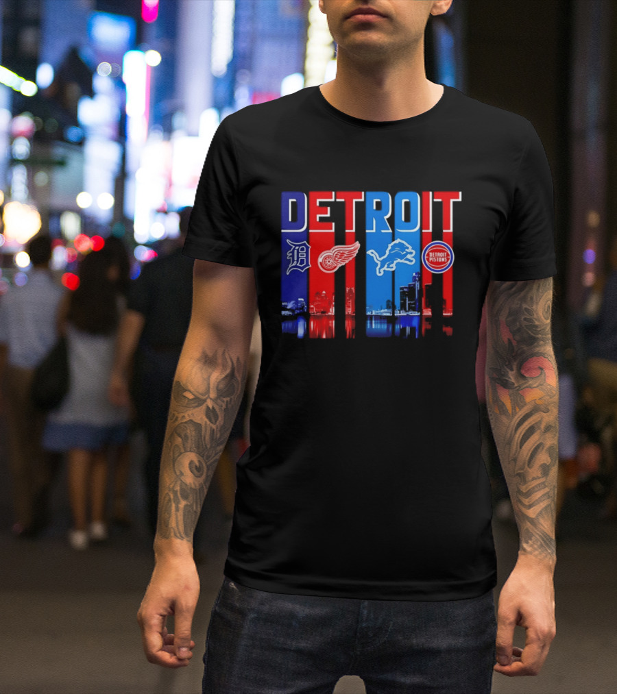 Detroit Tigers Red Wings Lions Pistons City Skyline 2026 T-Shirt