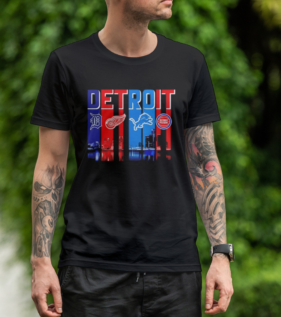 Detroit Tigers Red Wings Lions Pistons City Skyline 2026 T-Shirt