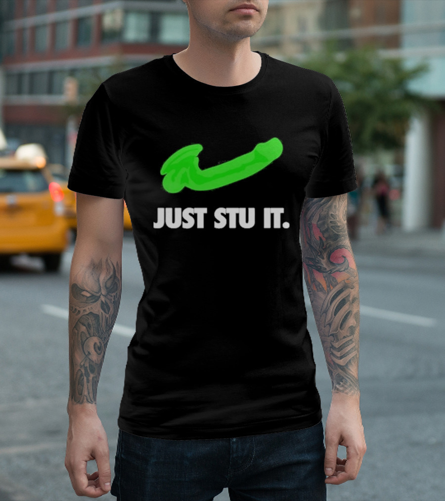 Just Stu It Green Swoosh Iconic Phrase T-Shirt