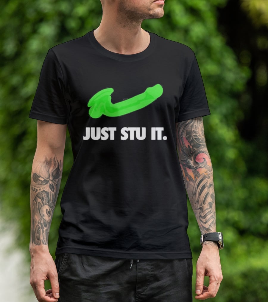 Just Stu It Green Swoosh Iconic Phrase T-Shirt