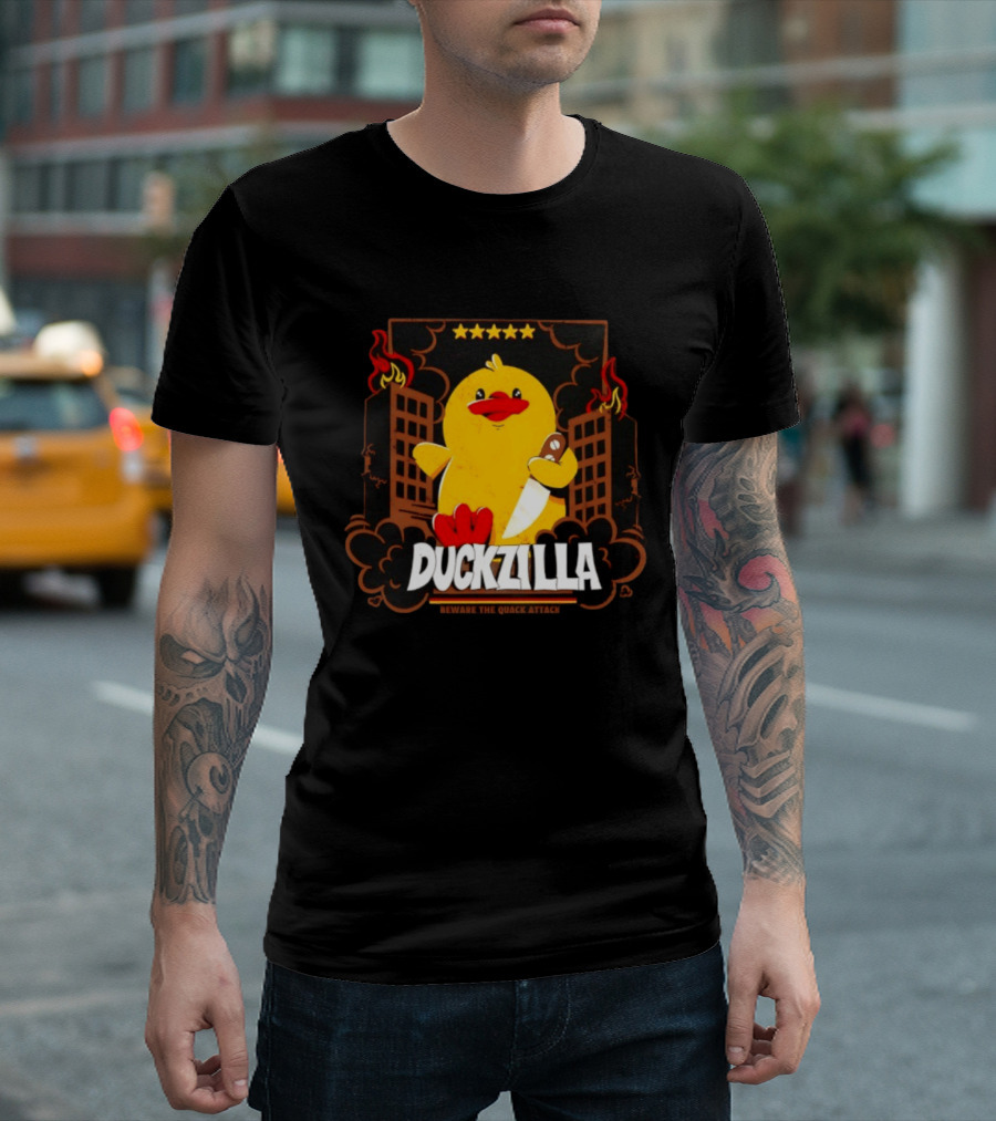 Duckzilla Beware The Quack Attack Knife Wielding Giant Duck With Burning Buildings T-Shirt