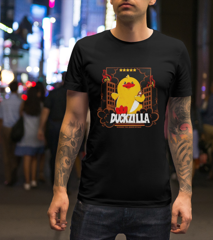 Duckzilla Beware The Quack Attack Knife Wielding Giant Duck With Burning Buildings T-Shirt