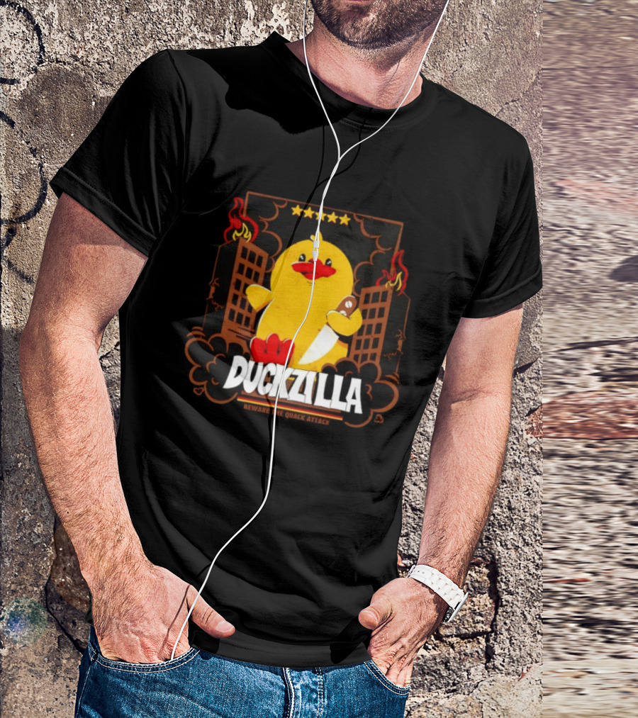 Duckzilla Beware The Quack Attack Knife Wielding Giant Duck With Burning Buildings T-Shirt
