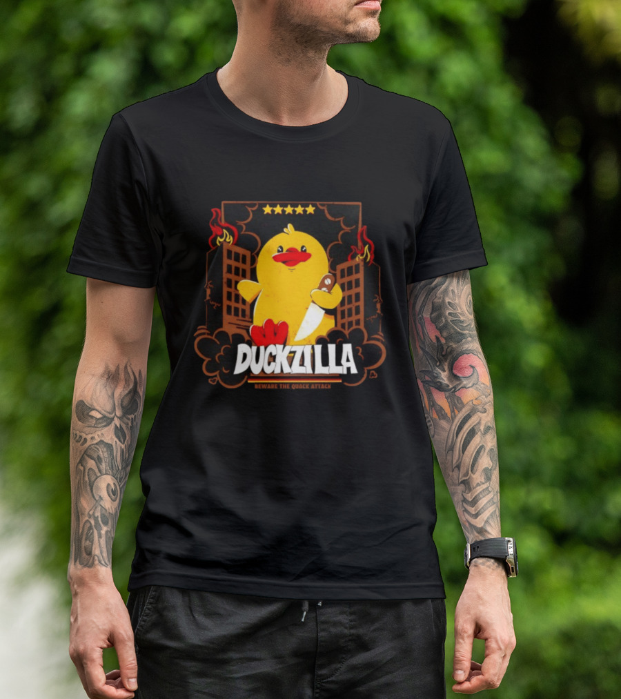Duckzilla Beware The Quack Attack Knife Wielding Giant Duck With Burning Buildings T-Shirt