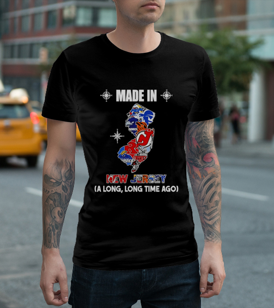 Made In New Jersey State Sports And College Team Logos Map A Long Long Time Ago T-Shirt