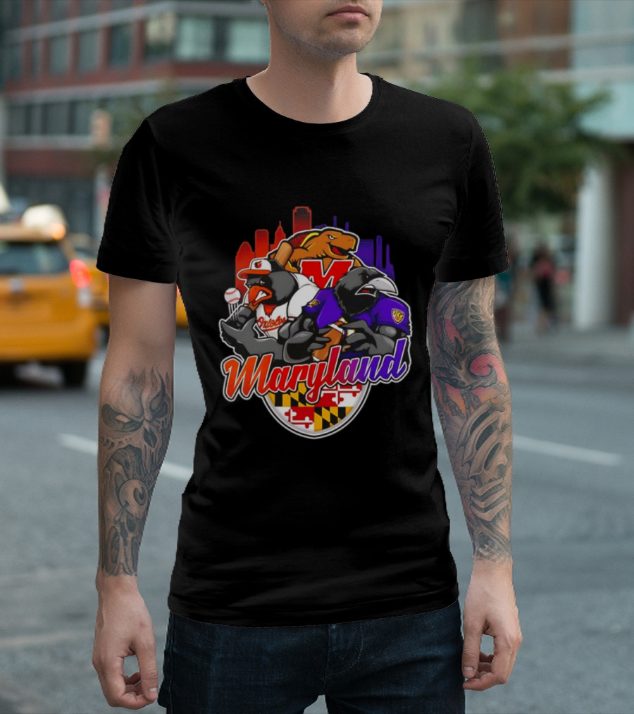 Maryland Orioles Ravens Terrapins Skyline Mashup With Flag T-Shirt