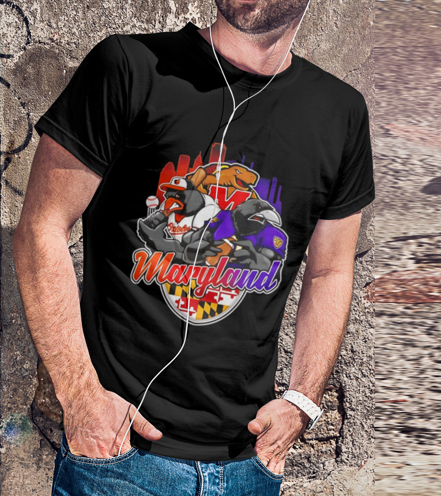 Maryland Orioles Ravens Terrapins Skyline Mashup With Flag T-Shirt