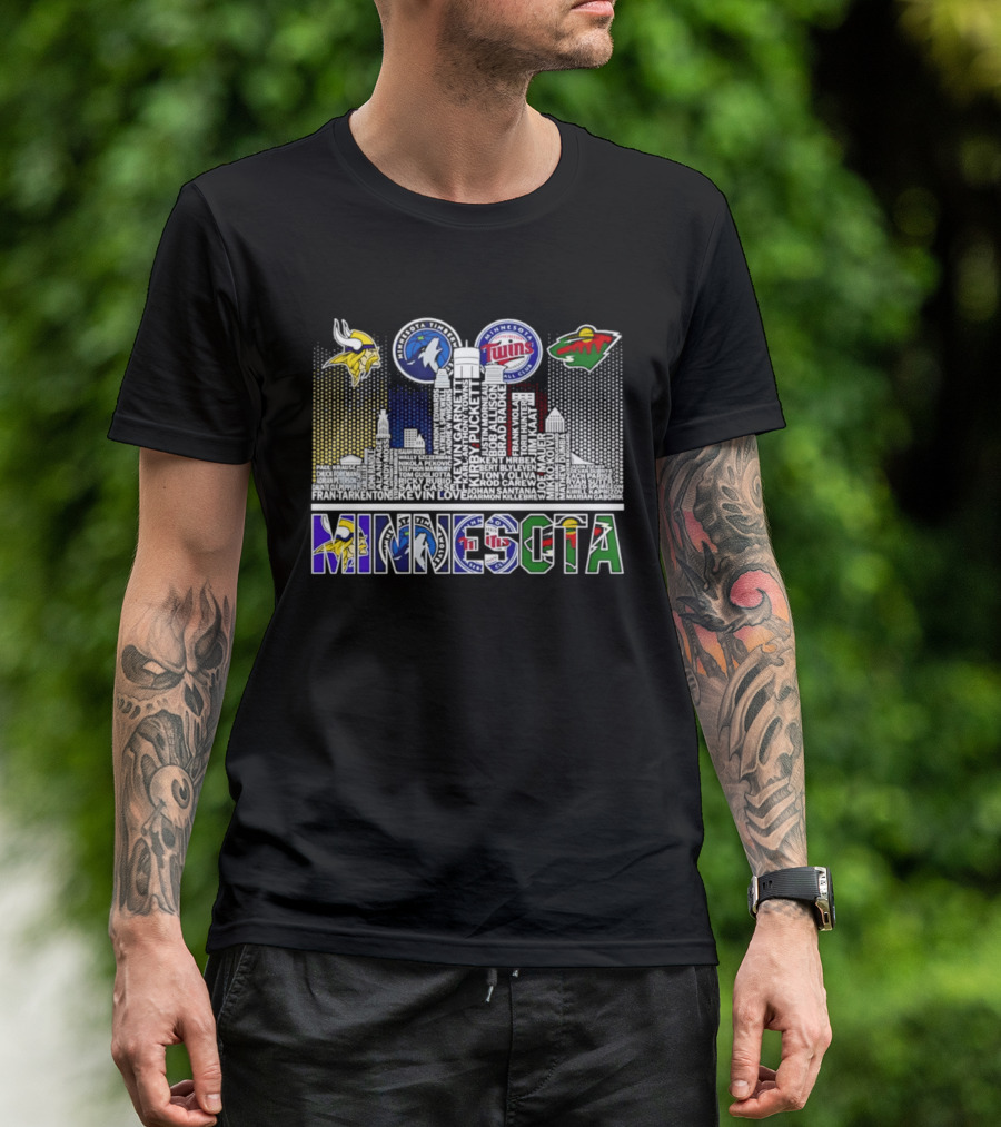 Minnesota Vikings Timberwolves Twins Wild Skyline Roster Names T-Shirt