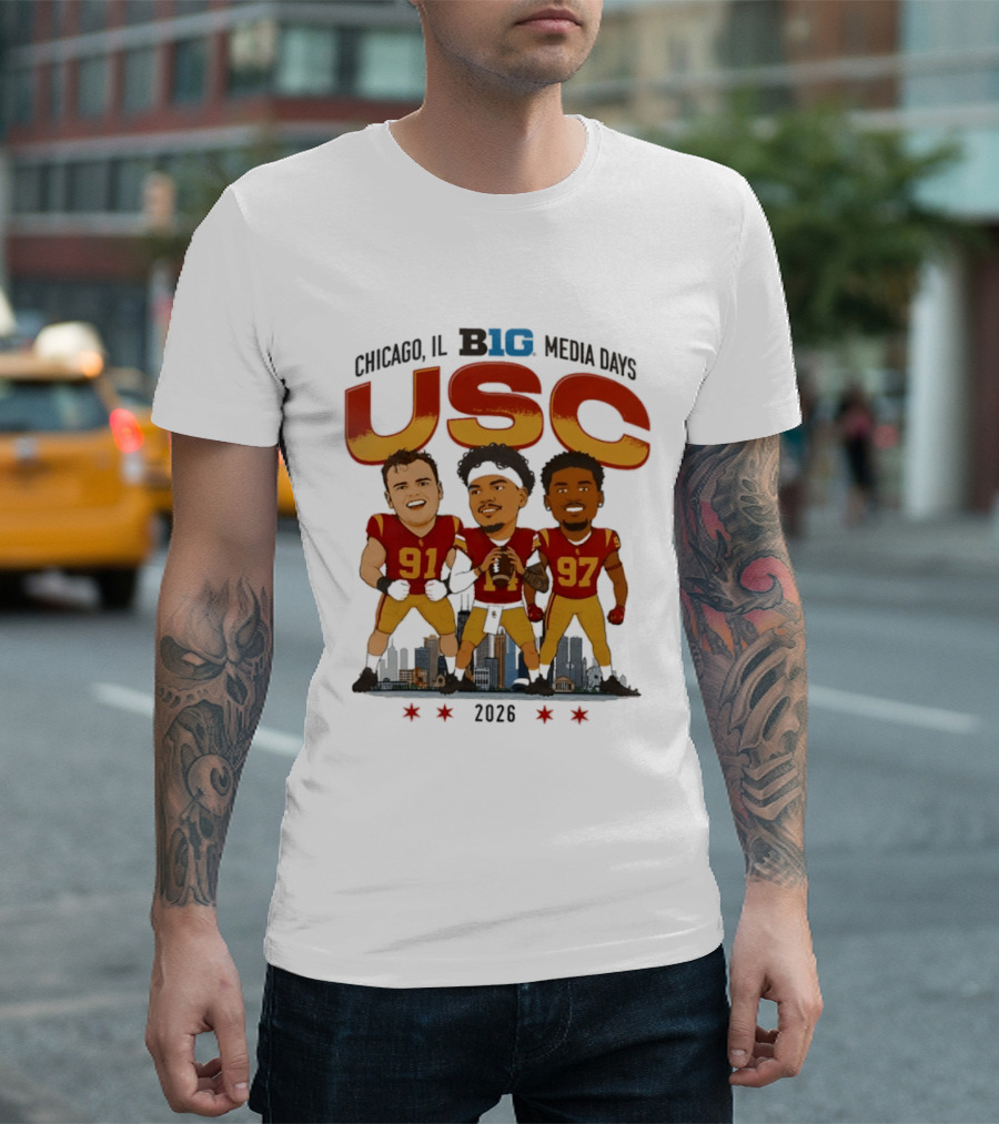 USC Trojans Big Ten Media Days 2026 Chicago Skyline Caricature Jayden Maiava Alex VanSumeren Jide Abasiri T-Shirt