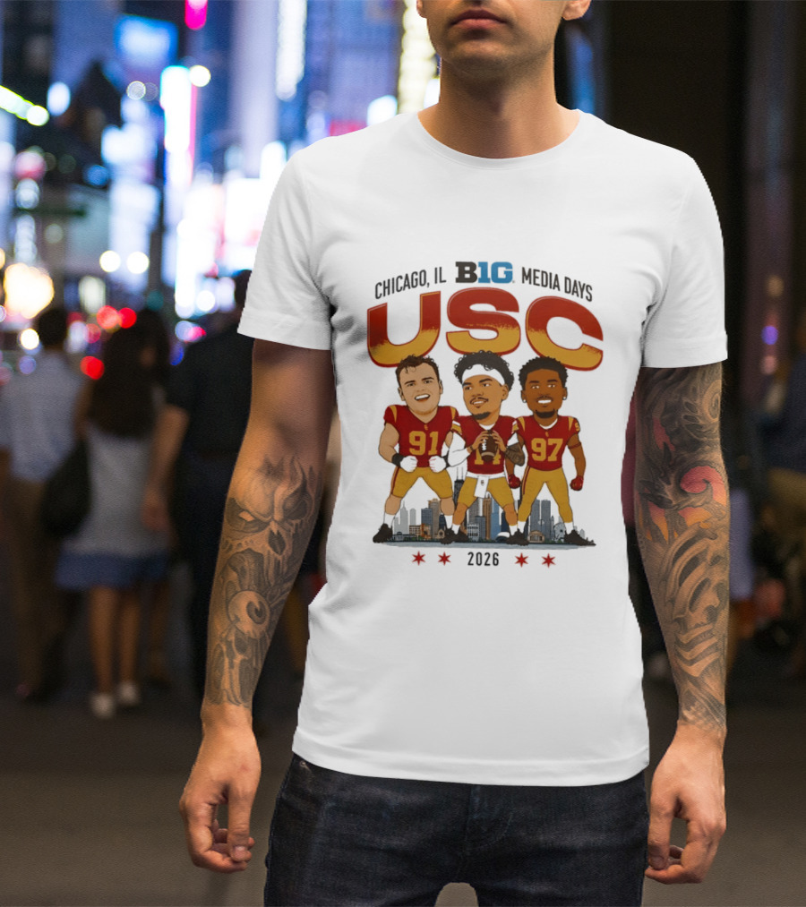 USC Trojans Big Ten Media Days 2026 Chicago Skyline Caricature Jayden Maiava Alex VanSumeren Jide Abasiri T-Shirt