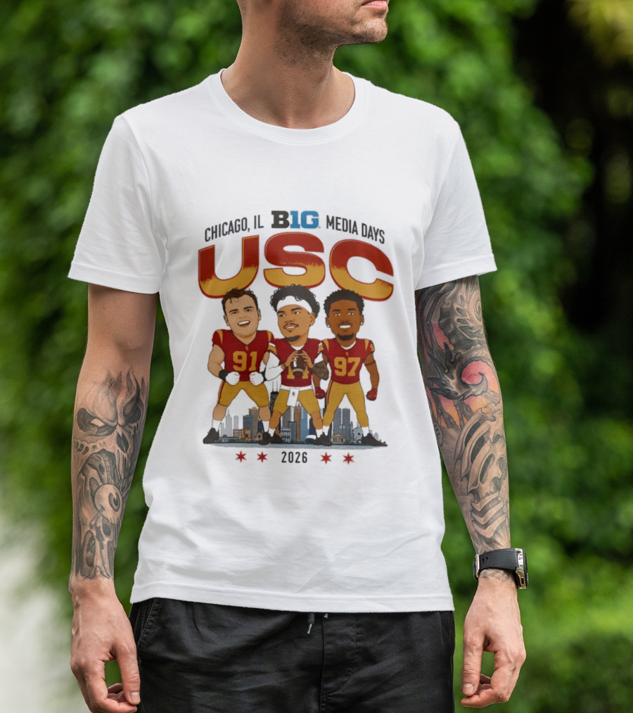 USC Trojans Big Ten Media Days 2026 Chicago Skyline Caricature Jayden Maiava Alex VanSumeren Jide Abasiri T-Shirt