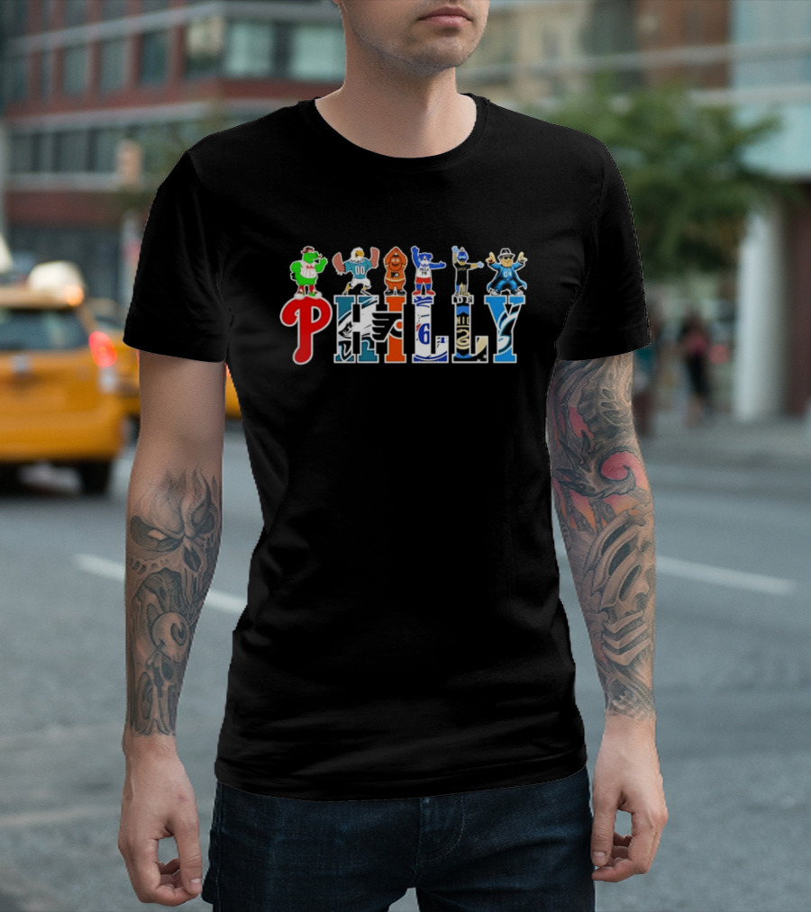 Philly Mascots 2026 Phillies Eagles Flyers Sixers Union Phanatic Gritty Swoop Franklin Fang T-Shirt