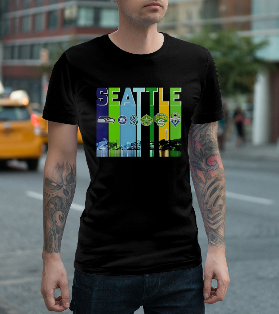 Seattle Seahawks Mariners Kraken Sonics Storm Sounders City Skyline T-Shirt