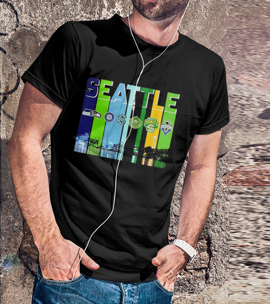 Seattle Seahawks Mariners Kraken Sonics Storm Sounders City Skyline T-Shirt