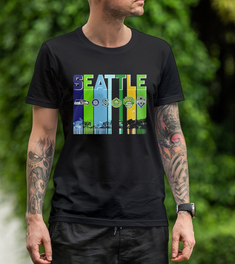 Seattle Seahawks Mariners Kraken Sonics Storm Sounders City Skyline T-Shirt