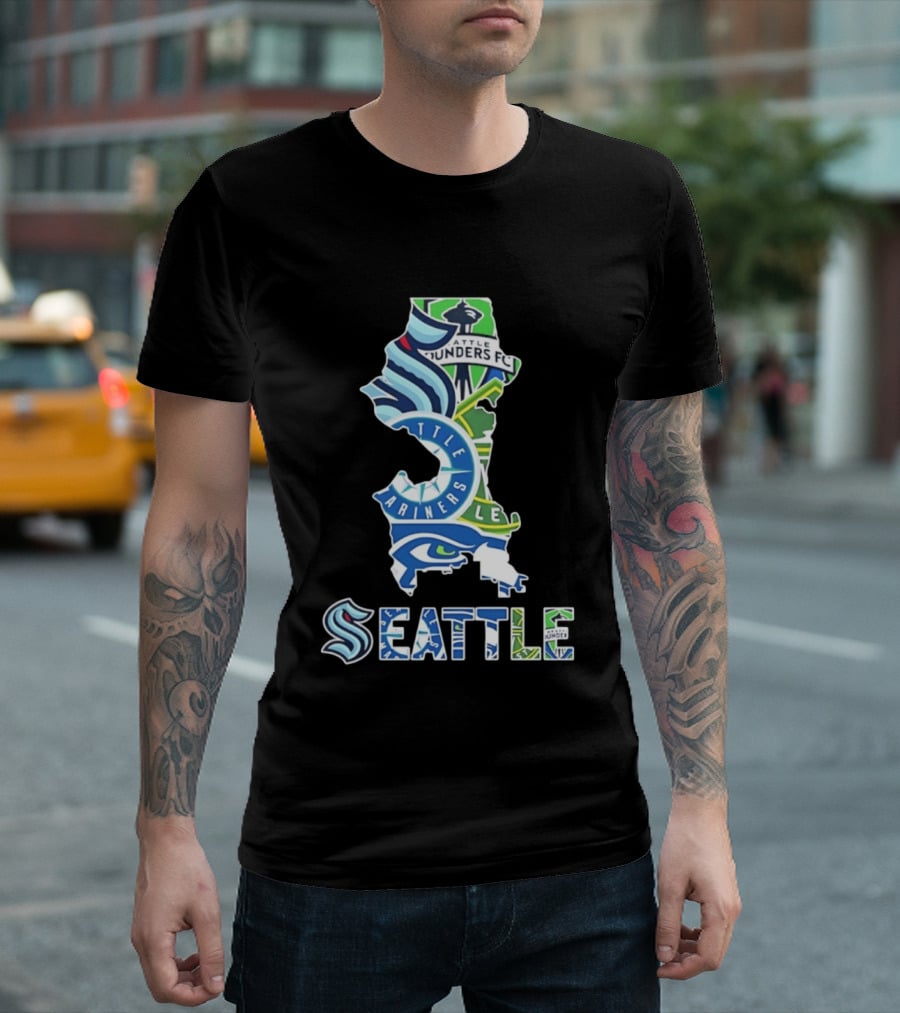 Seattle Kraken Mariners Seahawks Sounders FC Map Collage 2026 T-Shirt