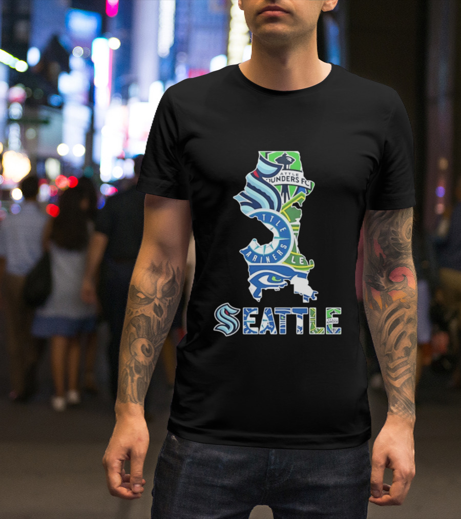 Seattle Kraken Mariners Seahawks Sounders FC Map Collage 2026 T-Shirt