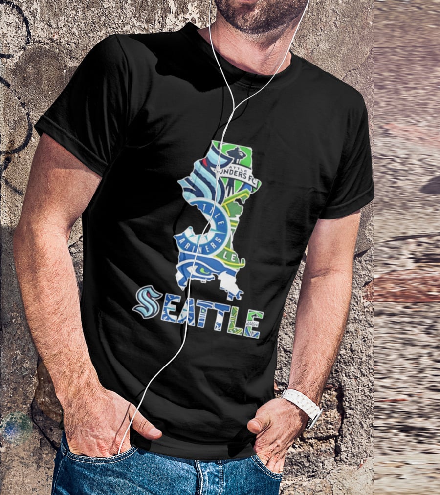 Seattle Kraken Mariners Seahawks Sounders FC Map Collage 2026 T-Shirt