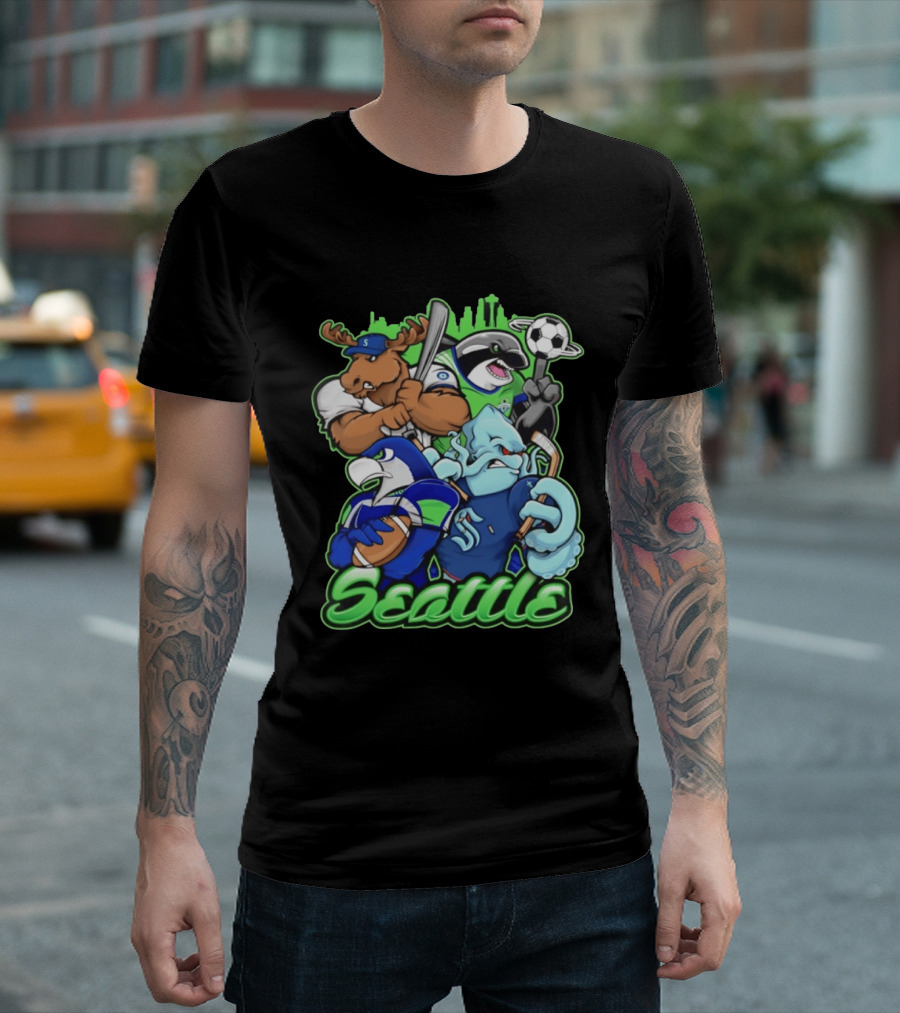Seattle Sports Team Mascot Mashup With Moose Orca Octopus Bird Skyline T-Shirt