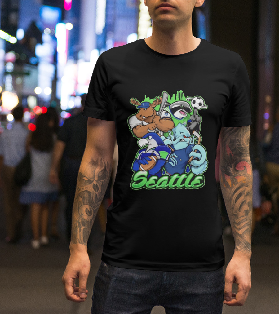 Seattle Sports Team Mascot Mashup With Moose Orca Octopus Bird Skyline T-Shirt