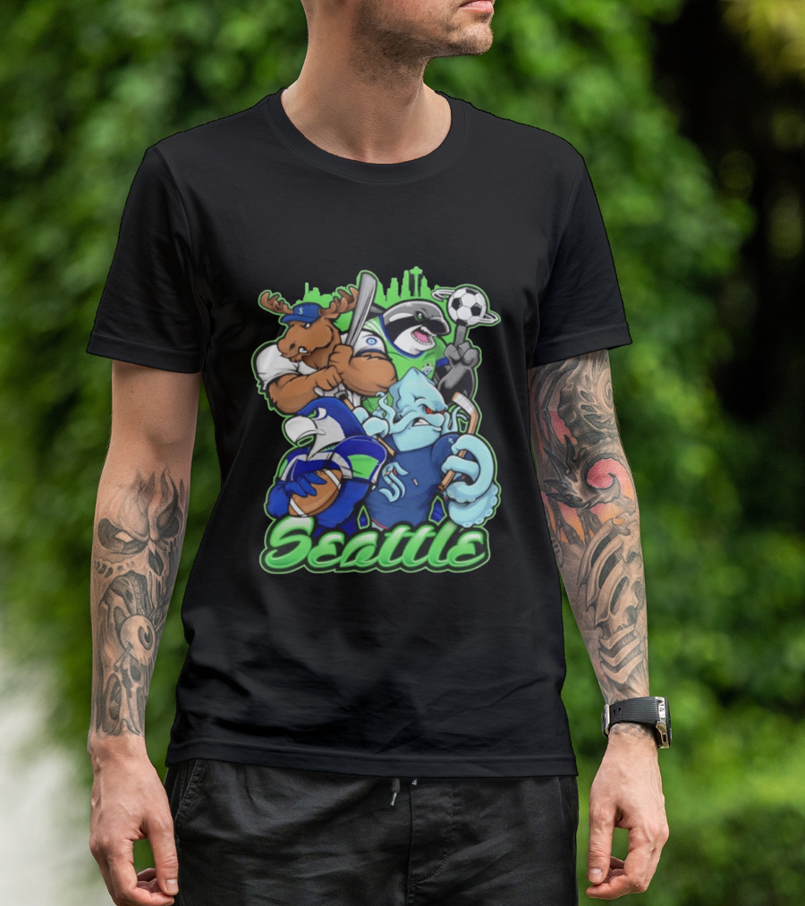 Seattle Sports Team Mascot Mashup With Moose Orca Octopus Bird Skyline T-Shirt
