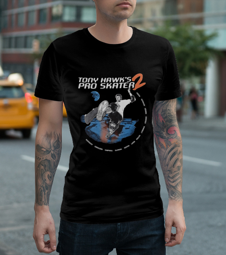Tony Hawk's Pro Skater 2 Hawk's Back With New Technology New Pros And New Tracks 2 Sided Flip McTwist Skateboarding Legends T-Shirt