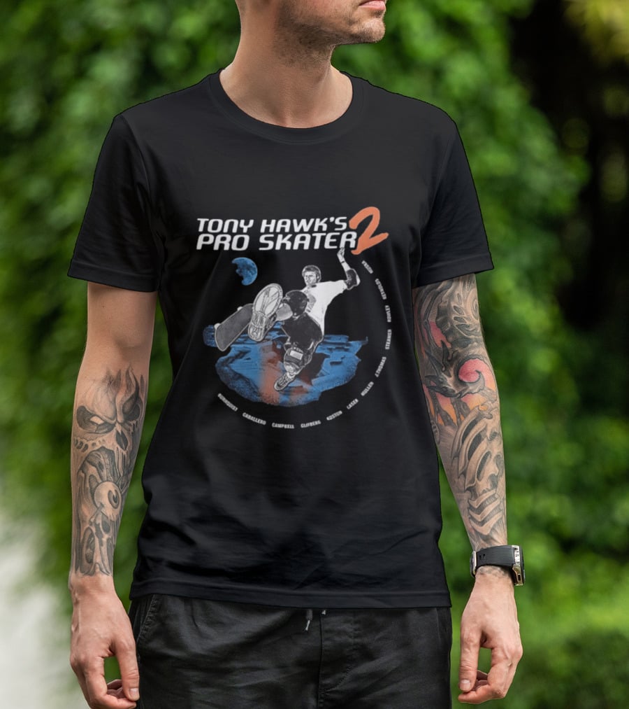 Tony Hawk's Pro Skater 2 Hawk's Back With New Technology New Pros And New Tracks 2 Sided Flip McTwist Skateboarding Legends T-Shirt
