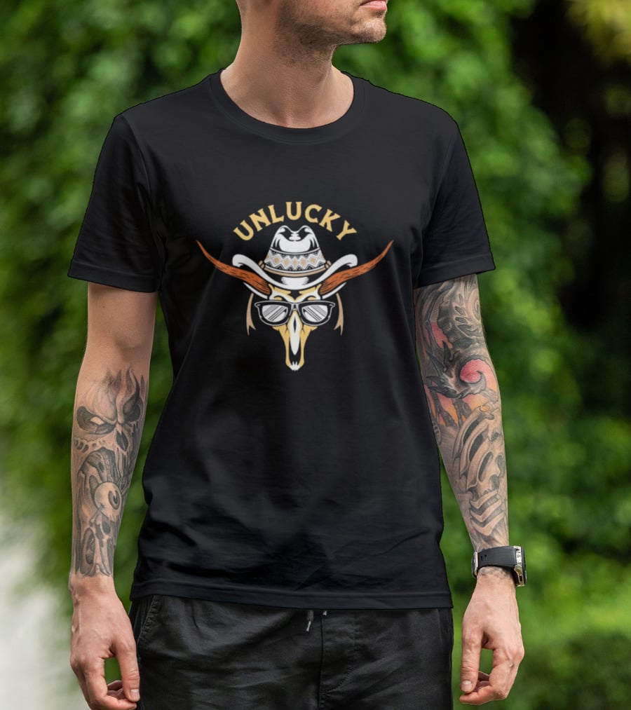Unlucky Cowboy Skull Sunglasses Western Horns Hat T-Shirt