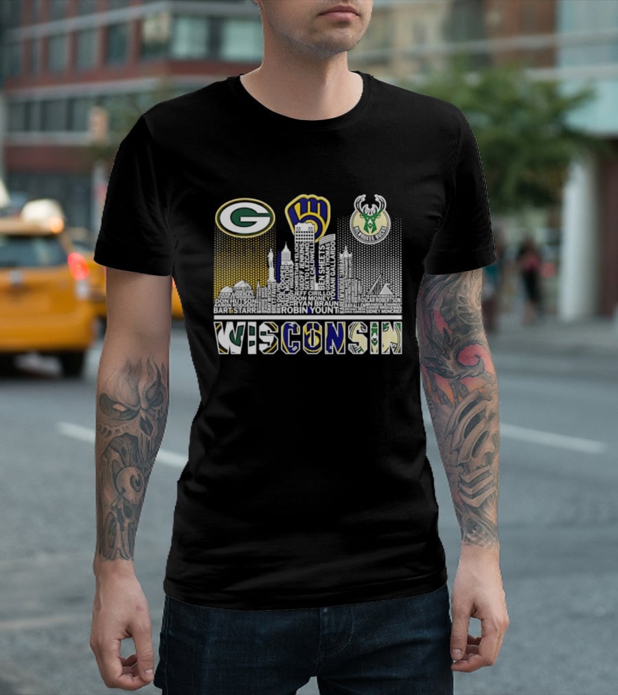 Wisconsin Green Bay Packers Milwaukee Brewers Bucks City Skyline Logos T-Shirt