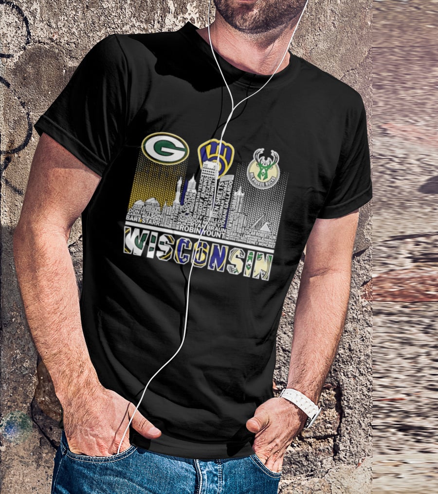 Wisconsin Green Bay Packers Milwaukee Brewers Bucks City Skyline Logos T-Shirt