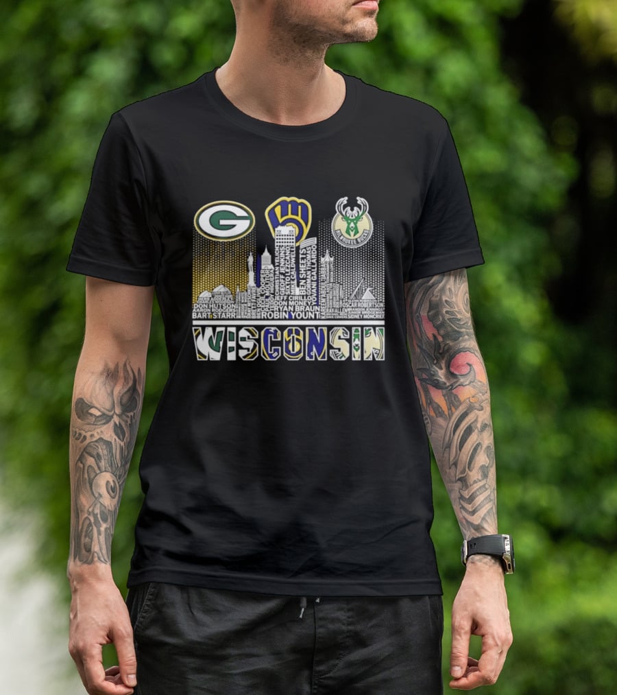 Wisconsin Green Bay Packers Milwaukee Brewers Bucks City Skyline Logos T-Shirt