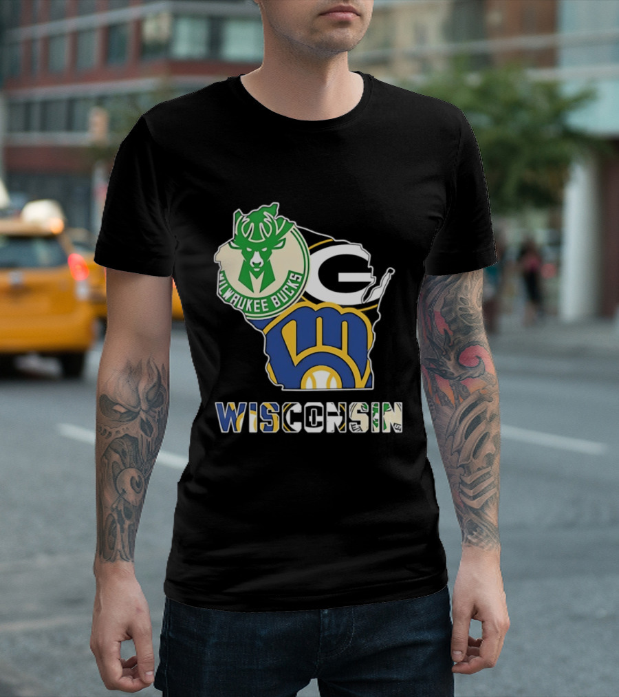 Milwaukee Bucks Green Bay Packers Milwaukee Brewers Wisconsin Map T-Shirt