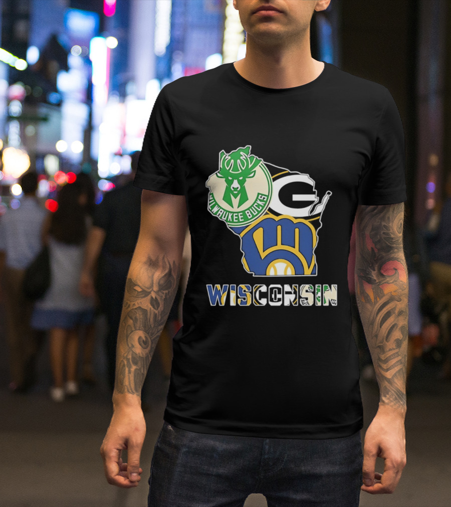 Milwaukee Bucks Green Bay Packers Milwaukee Brewers Wisconsin Map T-Shirt