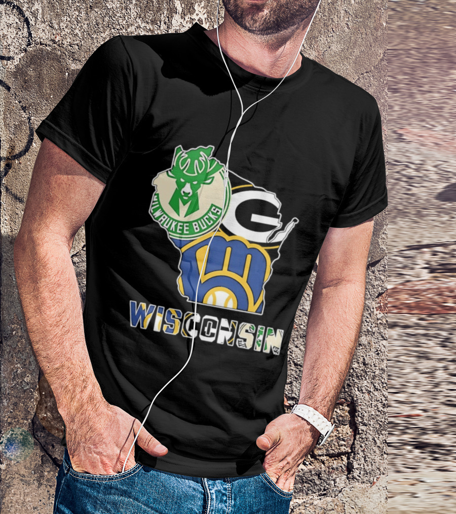 Milwaukee Bucks Green Bay Packers Milwaukee Brewers Wisconsin Map T-Shirt