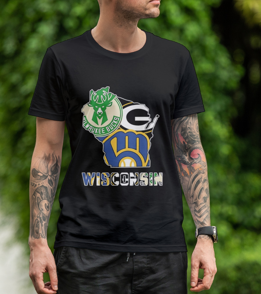 Milwaukee Bucks Green Bay Packers Milwaukee Brewers Wisconsin Map T-Shirt