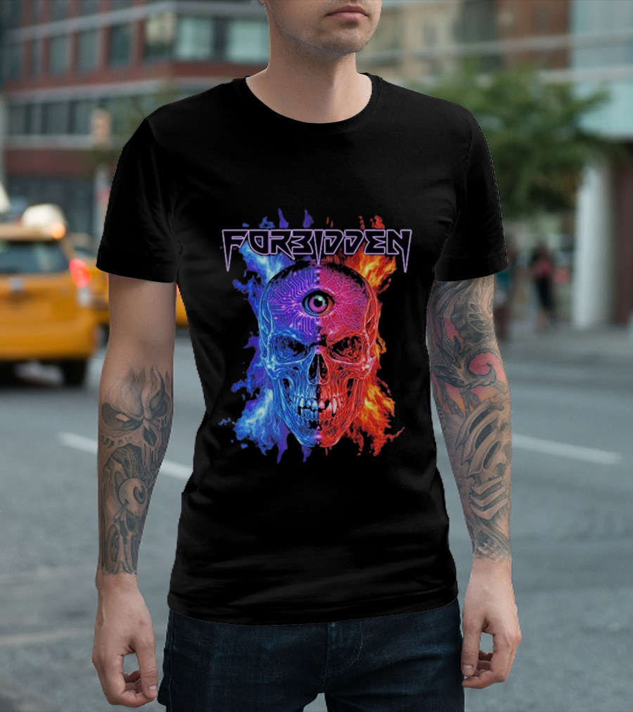FORBIDDEN Skull Eye Flames Blue Red Fusion T-Shirt