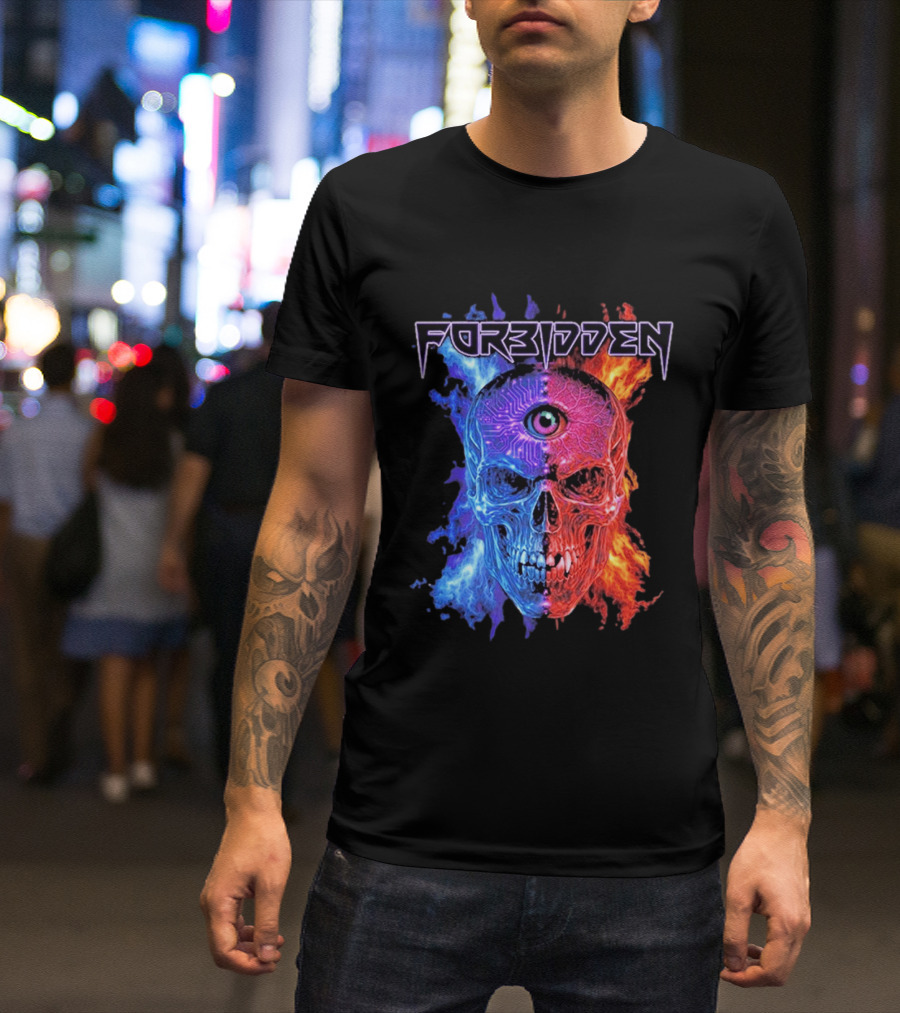 FORBIDDEN Skull Eye Flames Blue Red Fusion T-Shirt