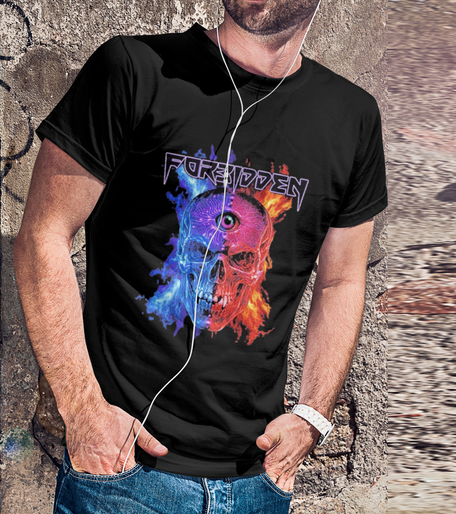 FORBIDDEN Skull Eye Flames Blue Red Fusion T-Shirt