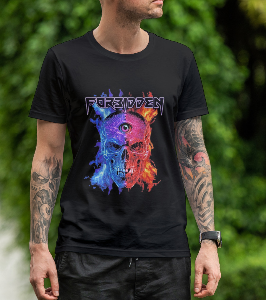 FORBIDDEN Skull Eye Flames Blue Red Fusion T-Shirt