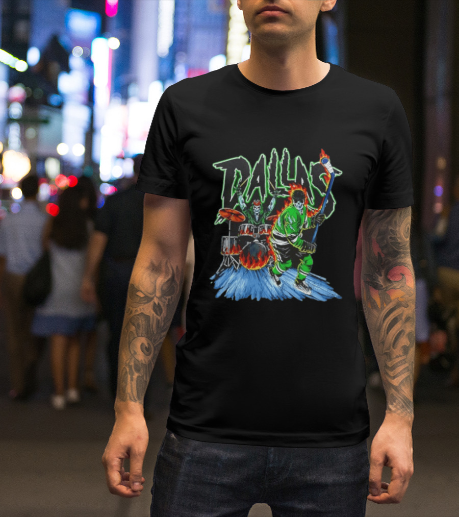 Dallas Stars Skeleton Hockey Fire With Drummer T-Shirt