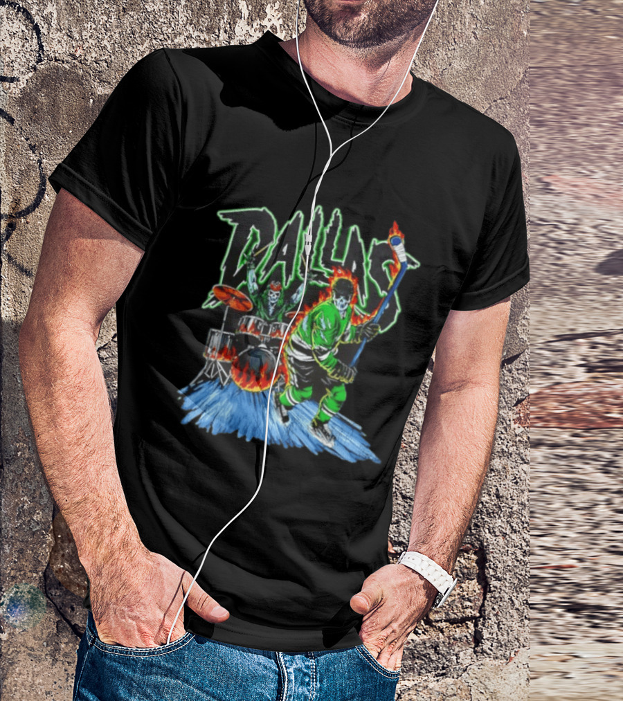 Dallas Stars Skeleton Hockey Fire With Drummer T-Shirt