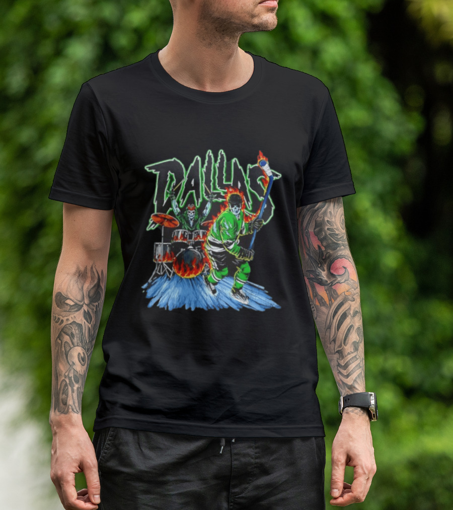 Dallas Stars Skeleton Hockey Fire With Drummer T-Shirt