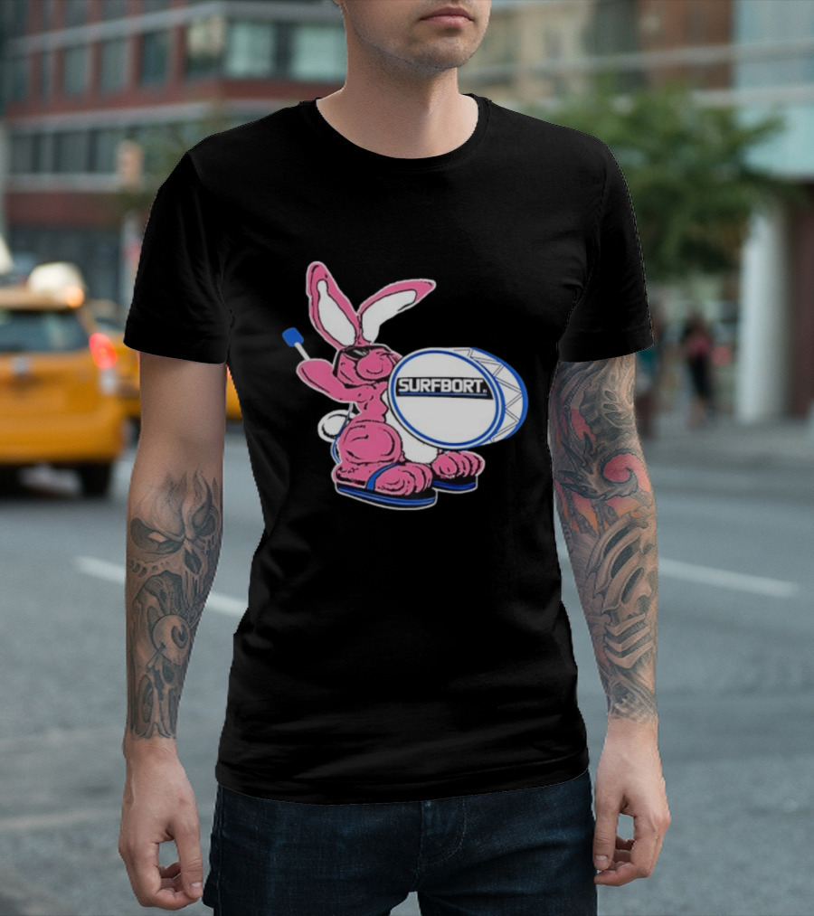 Surfbort Pink Bunny Drummer With Drumsticks And Bass Drum T-Shirt
