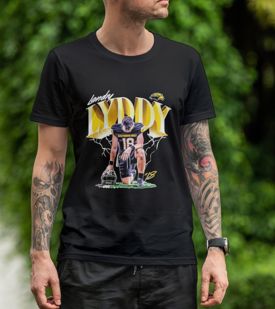 Landry Lyddy 18 Southern Miss Golden Eagles NCAA Football Player Lightning Kneeling Pose T-Shirt