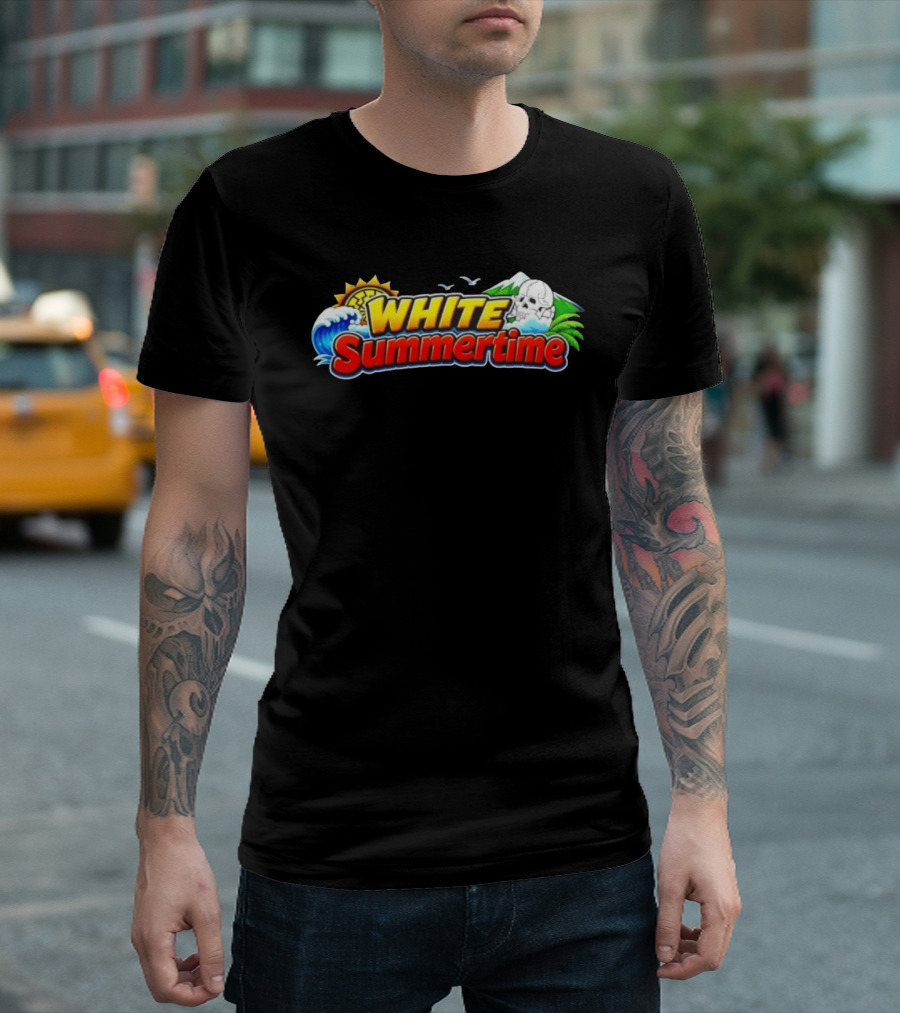 White Summertime Skull Ocean Beach Sun Palm Birds T-Shirt