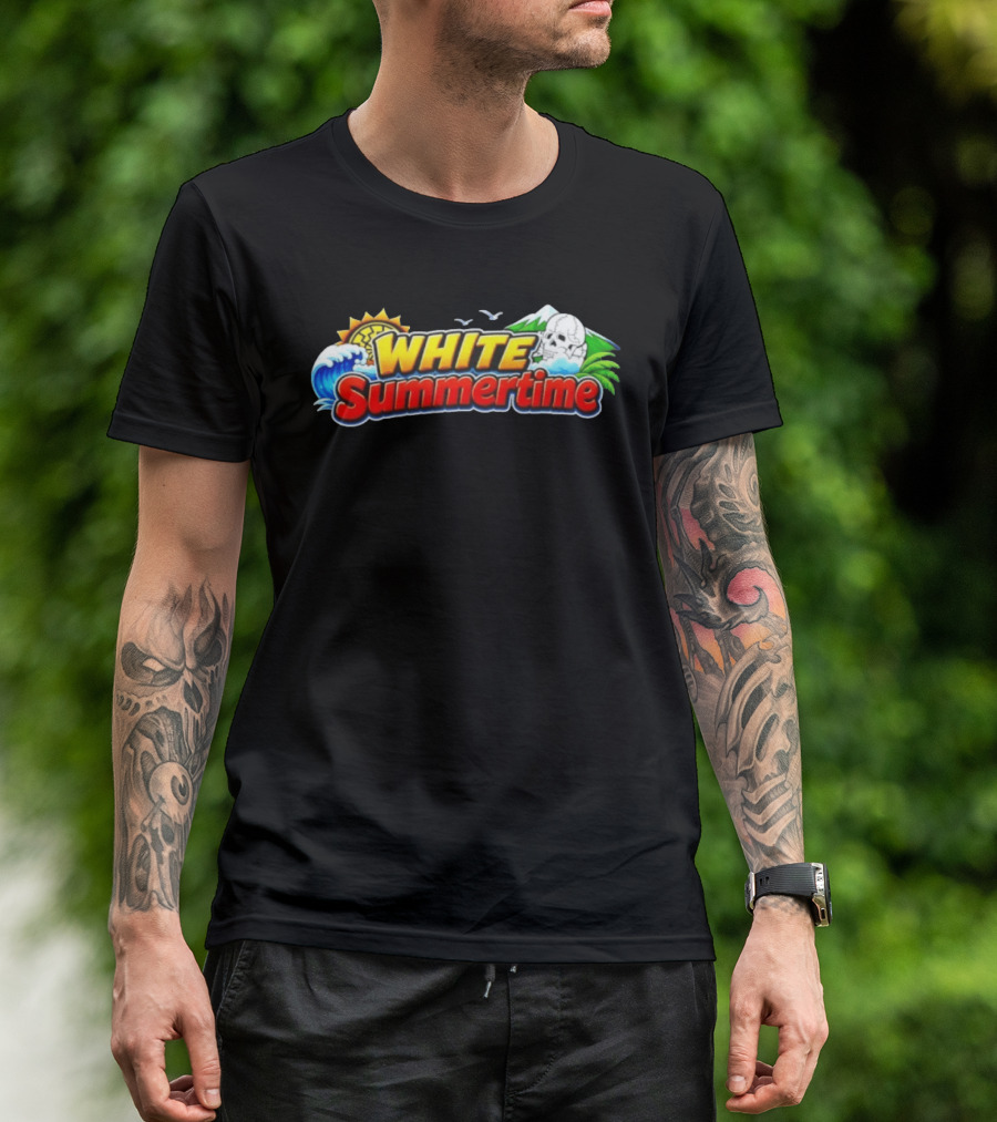 White Summertime Skull Ocean Beach Sun Palm Birds T-Shirt