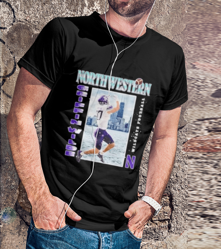 Northwestern Wildcats Football Griffin Wilde No 17 Chicago Skyline T-Shirt